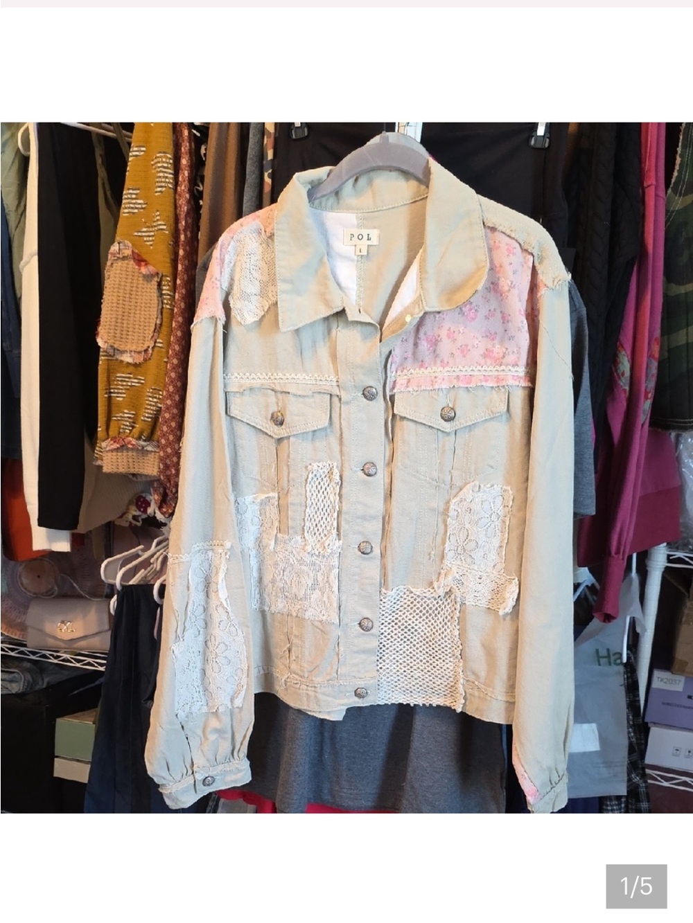 POL Patchwork Denim Jacket in Taupe and Blush Accents - Picture 2 of 5
